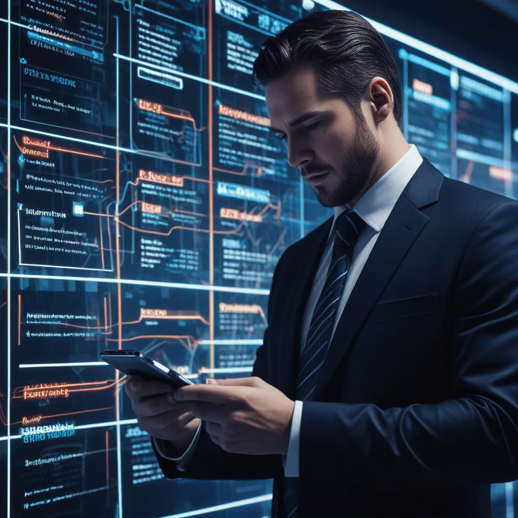 Vendedor B2B hablando por celular mientras su voz se convierte en datos digitales, tarjetas Kanban y elementos de calendario flotando en el aire.