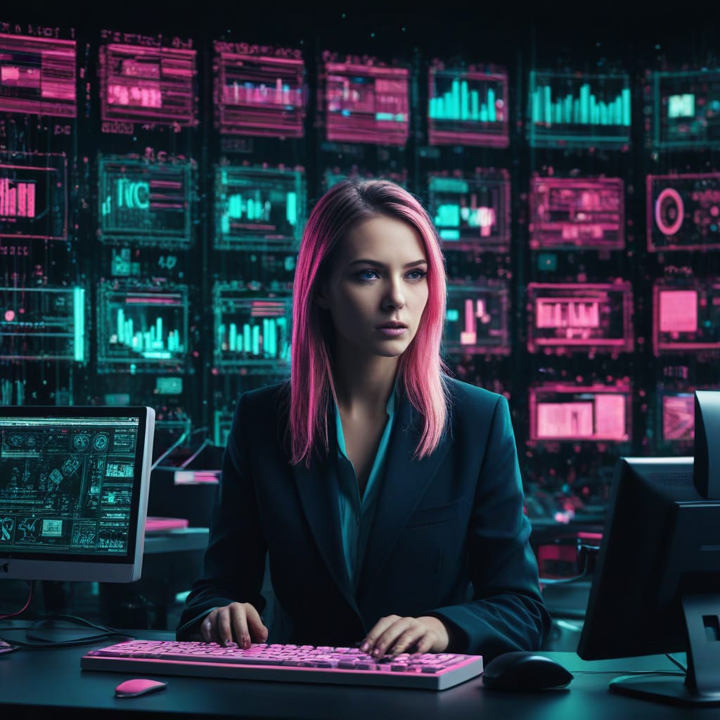 Vendedor rodeado de íconos de voz mientras una pantalla muestra una base de datos vacía